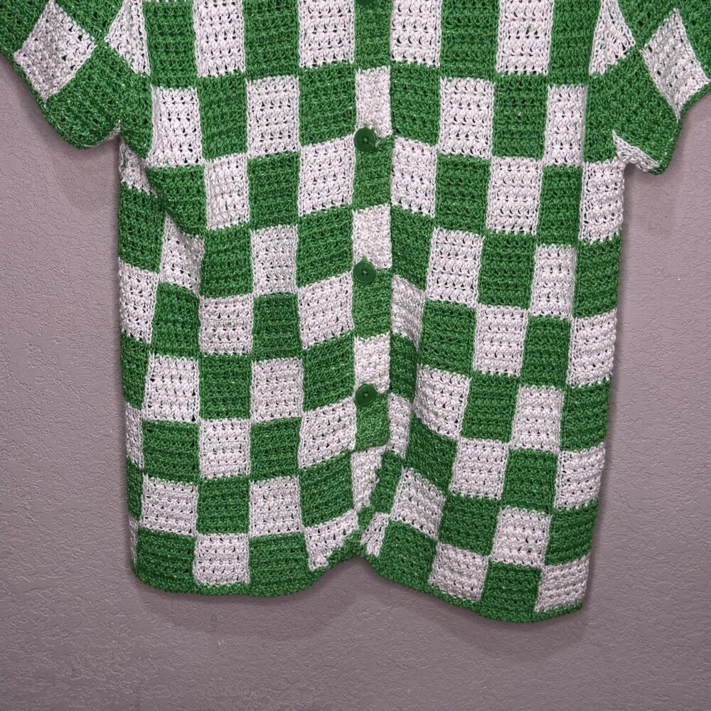 Frankies Bikinis Cover Up Womens Small Green Check Crochet Short Sleeve Cardigan - Picture 4 of 7